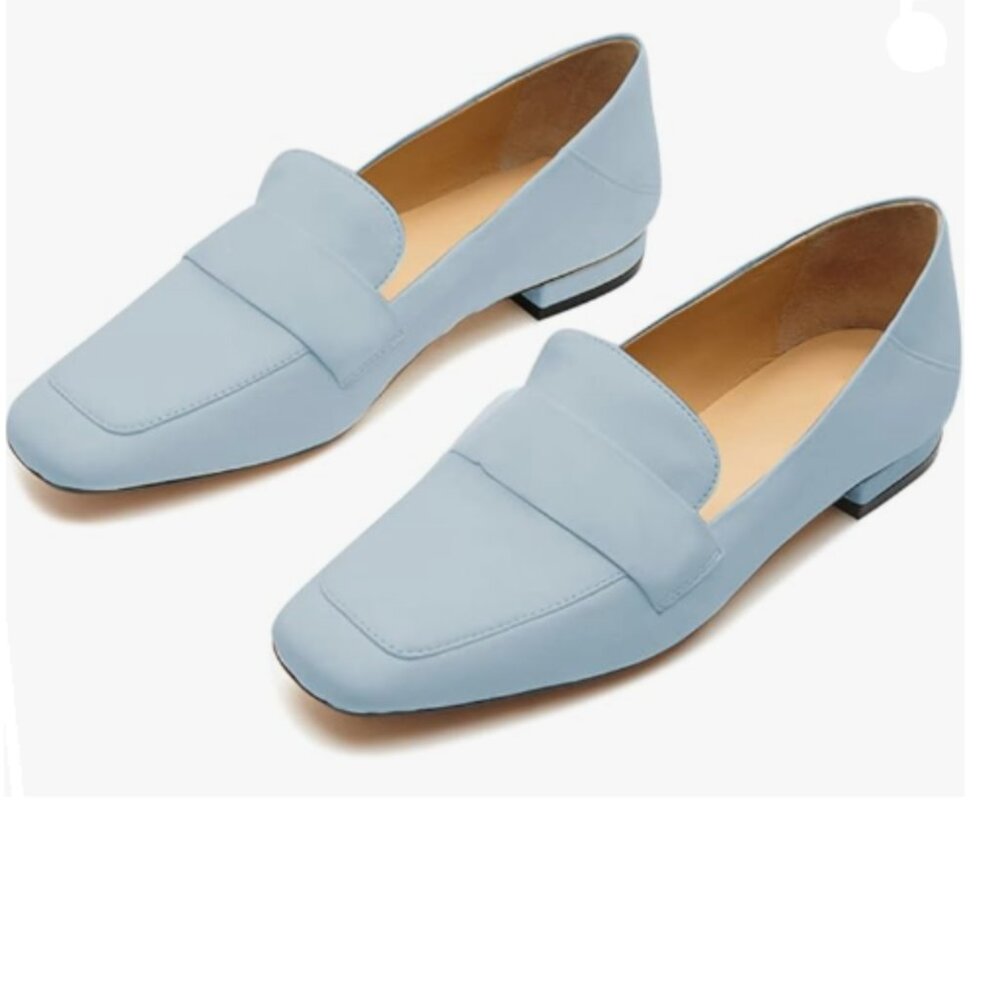 YDN Blue Square Toe Comfy Block Low Heel Classic Loafers Office Outfit Shoes